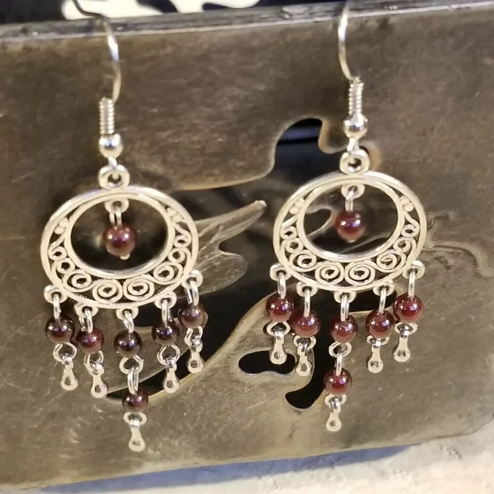 Handcrafted Natural Red Garnet Gemstone Antique Silver Chandelier Earrings